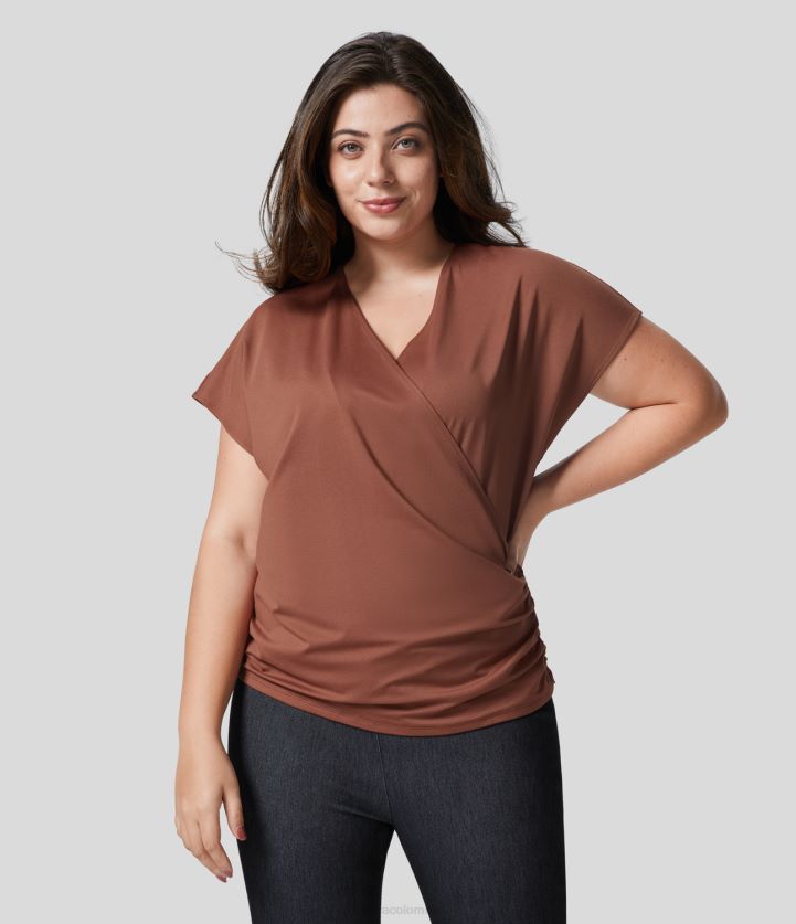 ropa miel de maple BBV2NZ2144 mujer Halara Blusa de talla grande con cuello en V, manga japonesa, cruzada, fruncida, sólida, de trabajo