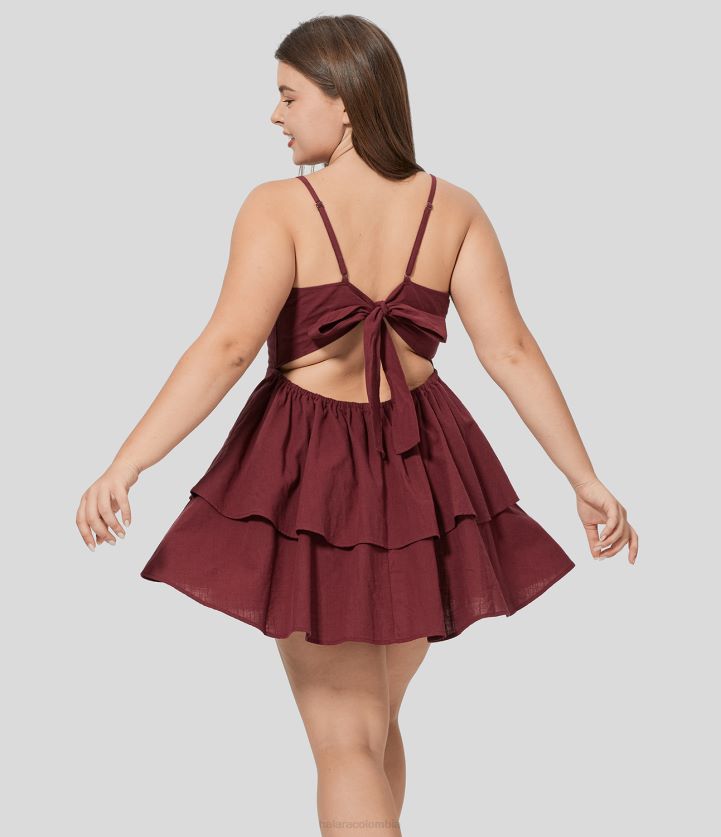 ropa granada BBV2NZ1255 mujer Halara Minivestido informal de algodón de talla grande, con tirantes ajustables, sin espalda, con lazo en la espalda, volantes escalonados y fluidos