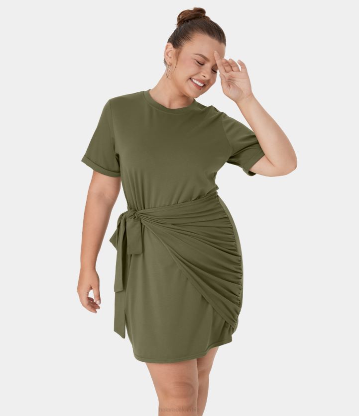 ropa original BBV2NZ2153 mujer Halara Mini vestido casual de talla grande liso con nudo y cuello redondo