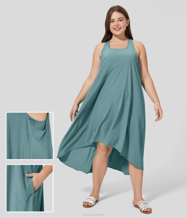 ropa piedra azul BBV2NZ1253 mujer Halara Vestido midi informal de secado rápido con bolsillo lateral y espalda cruzada, ligero y fluido, de talla grande