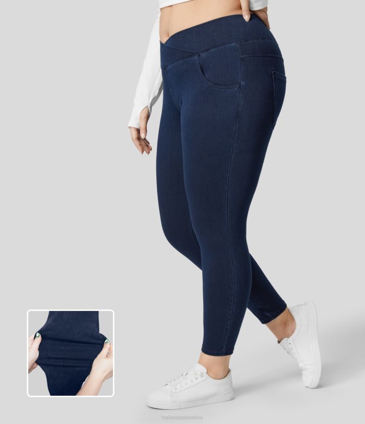 ropa denim lavado azul marino BBV2NZ1316 mujer Halara Leggings de trabajo de talla grande 7/8 de mezclilla de punto elástico con múltiples bolsillos cruzados y cintura alta mágicos