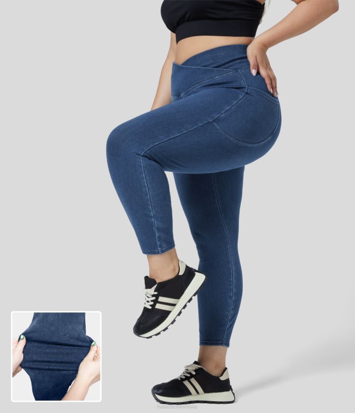 ropa mezclilla azul lago BBV2NZ1315 mujer Halara Leggings de trabajo de mezclilla de punto elástico lavado con bolsillo lateral cruzado mágico, leggings de talla grande