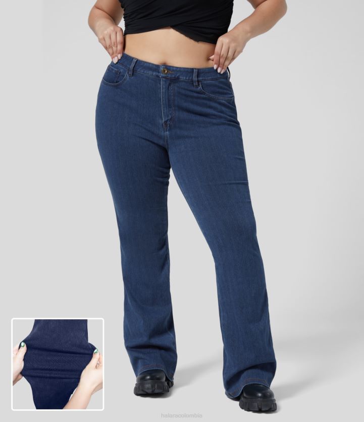 ropa mezclilla azul lago BBV2NZ1501 mujer Halara Vaqueros mágicos de tiro medio con bolsillos con botones de punto elástico y ligeros acampanados de talla grande