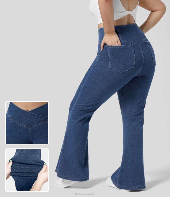 ropa mezclilla azul lago BBV2NZ2112 mujer Halara Vaqueros mágicos de talle alto, cruzados, con bolsillo, lavados, de punto elástico, informales, de talla grande, súper acampanados