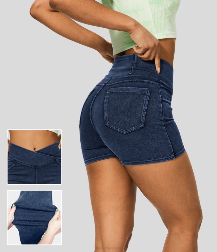 ropa denim lavado índigo BBV2NZ110 mujer Halara Pantalones cortos casuales de mezclilla de punto elástico con bolsillo lateral cruzado cruzado de cintura alta mágicos de 3 "