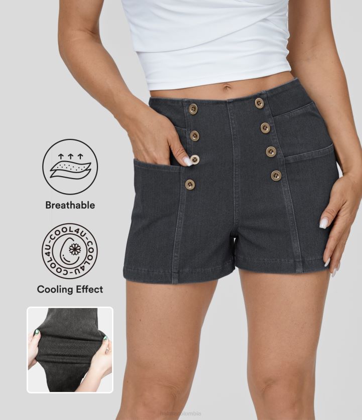 ropa denim lavado negro BBV2NZ1337 mujer Halara Pantalones cortos casuales de mezclilla de punto elásticos lavados transpirables con tacto fresco y múltiples bolsillos con botones mágicos de cintura a