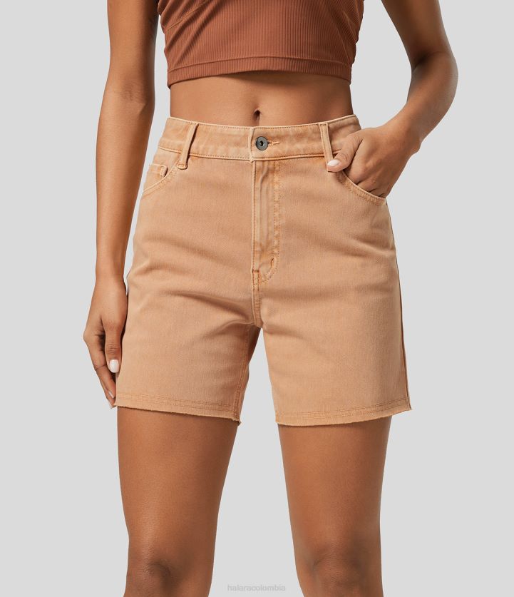 ropa denim naranja coral BBV2NZ1381 mujer Halara Pantalones cortos casuales de mezclilla de punto elásticos coloridos con cremallera y botones mágicos de talle medio, múltiples bolsillos, 3''