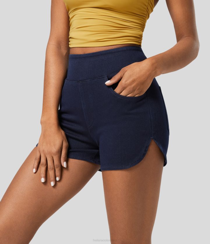 ropa mezclilla azul tinta BBV2NZ1325 mujer Halara Pantalones cortos casuales de mezclilla de punto elásticos lavados ajustados con dobladillo curvado y múltiples bolsillos mágicos de cintura alta de 3