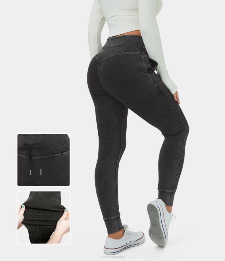 ropa mezclilla gris negro BBV2NZ11 mujer Halara Vaqueros informales de punto elástico lavados con bolsillo lateral con cordón y talle alto mágicos