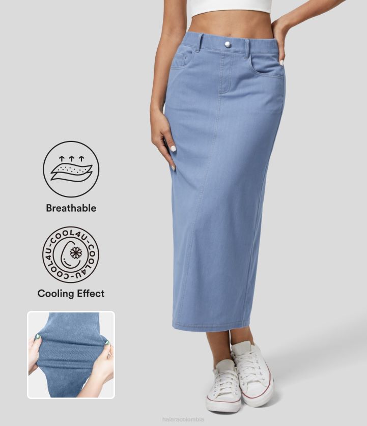 ropa mezclilla cian BBV2NZ634 mujer Halara Falda casual de mezclilla de punto elástica lavada con tacto fresco y múltiples bolsillos mágicos de cintura alta