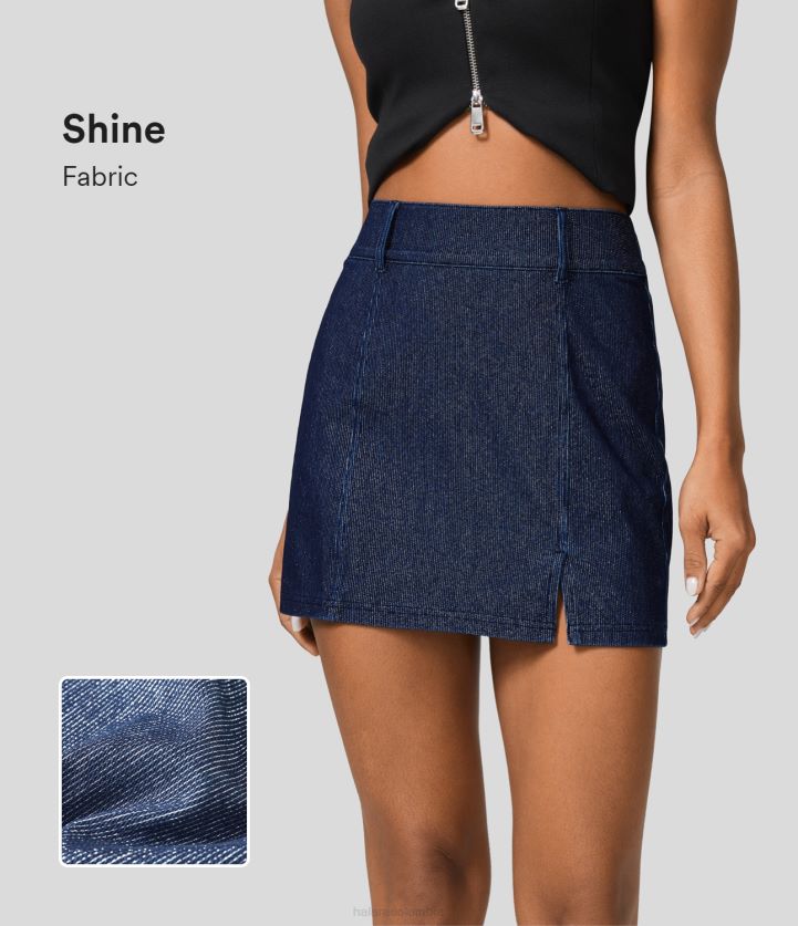 ropa mezclilla plateada azul oscuro BBV2NZ666 mujer Halara Falda casual de mezclilla de punto elástica con brillo plateado y dobladillo dividido con bolsillos traseros mágicos de cintura alta