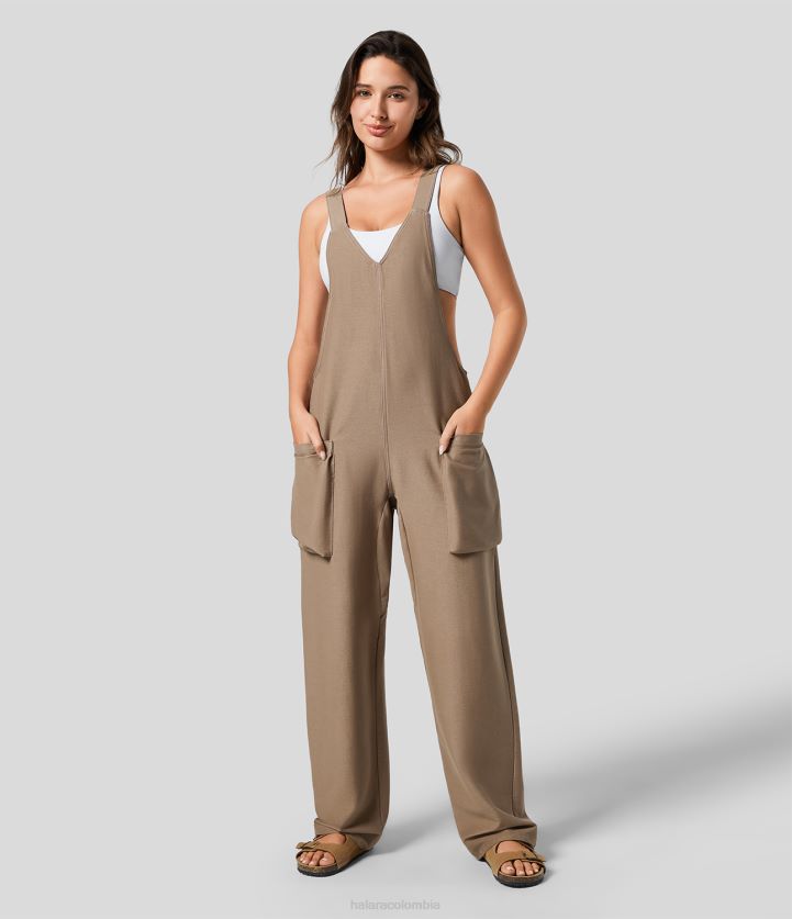 ropa original BBV2NZ1404 mujer Halara Mono relajado informal con cuello en V mágico y bolsillo lateral de mezclilla de punto elástico colorido