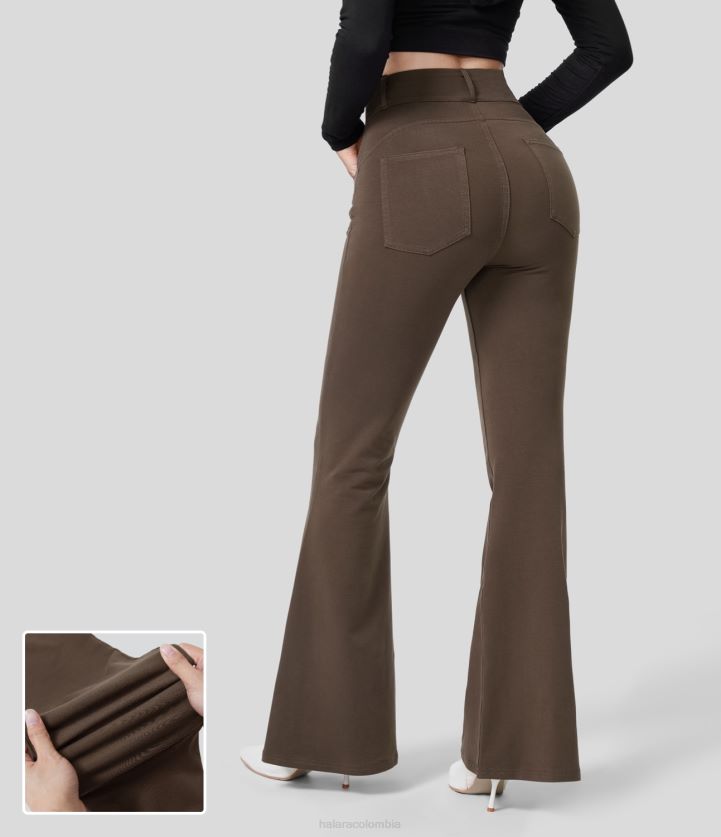 ropa cacao BBV2NZ338 mujer Halara Leggings acampanados de trabajo de mezclilla de punto elástico lavado con múltiples bolsillos y cintura alta mágicos
