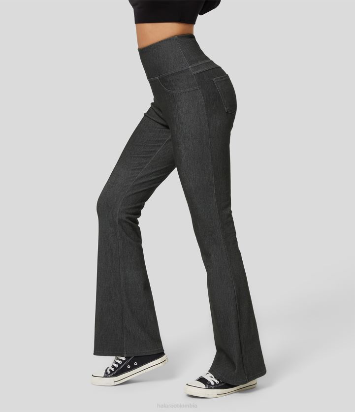 ropa denim lavado negro BBV2NZ337 mujer Halara Leggings acampanados informales de mezclilla de punto elástico con bolsillo trasero y cintura alta mágicos