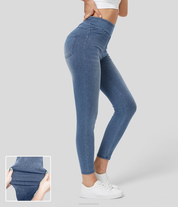 ropa mezclilla azul claro BBV2NZ111 mujer Halara Leggings casuales de mezclilla de punto elástico con bolsillo trasero y cintura alta mágicos
