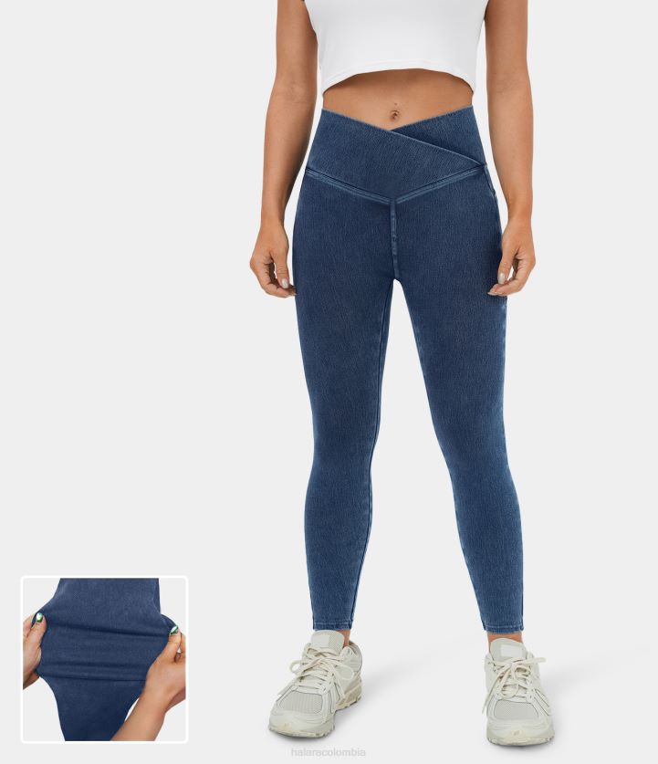 ropa mezclilla azul lago BBV2NZ1308 mujer Halara Leggings de trabajo de mezclilla de punto elástico lavado con bolsillo lateral cruzado mágico