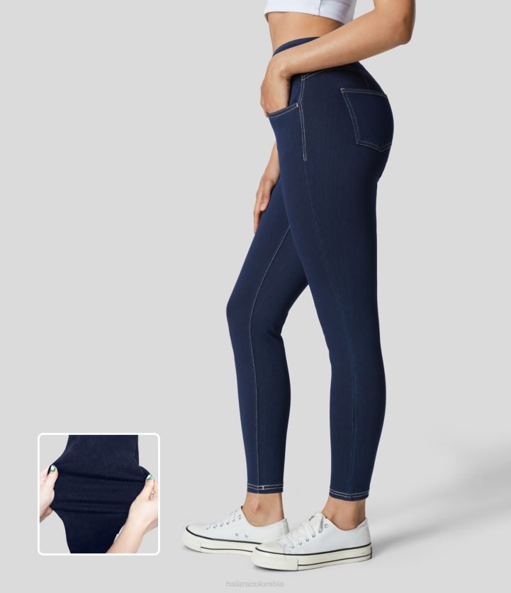 ropa mezclilla azul oscuro intenso BBV2NZ1328 mujer Halara Leggings mágicos de cintura alta con curvas, botón decorativo, múltiples bolsillos, tejido elástico, denim, informal, 7/8