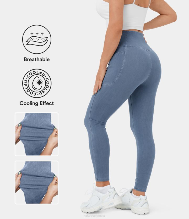 ropa mezclilla azul pastel BBV2NZ1385 mujer Halara Leggings casuales de mezclilla de punto elásticos lavados transpirables con tacto fresco y bolsillo cruzado mágico