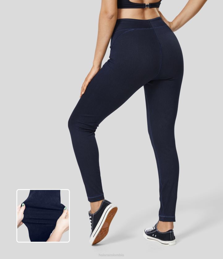 ropa mezclilla azul tinta BBV2NZ1394 mujer Halara Leggings 7/8 informales de mezclilla de punto elástico con bolsillo lateral y cintura alta mágicos
