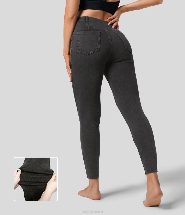 ropa mezclilla de ébano BBV2NZ1405 mujer Halara Leggings 7/8 informales de mezclilla de punto elástico con bolsillo lateral trasero en forma de V y cintura alta mágicos
