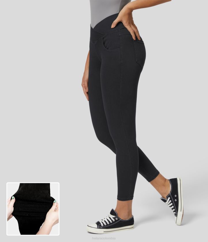 ropa mezclilla negra BBV2NZ106 mujer Halara Leggings mágicos de trabajo de mezclilla de punto elástico con múltiples bolsillos cruzados de cintura alta