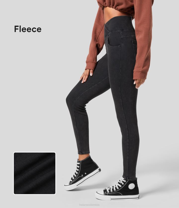 ropa mezclilla negra sombría BBV2NZ1345 mujer Halara Leggings mágicos cruzados de cintura alta, múltiples bolsillos, tejido elástico, tejido vaquero, polar, informal, 7/8