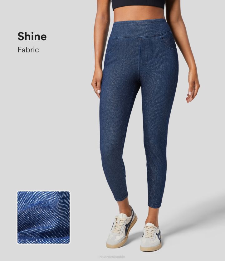 ropa mezclilla plateada azul azabache BBV2NZ1403 mujer Halara Leggings mágicos de cintura alta, múltiples bolsillos, brillo plateado, tejido elástico, denim, informal, 7/8