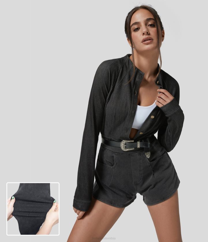 ropa denim lavado negro BBV2NZ1369 mujer Halara chaqueta de trabajo delgada de mezclilla de punto elástico con bolsillo de manga larga con botones y cuello alto mágico