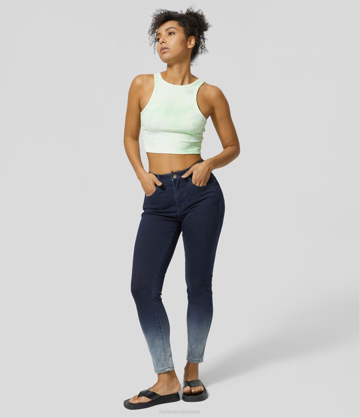 ropa denim azul degradado BBV2NZ1391 mujer Halara Vaqueros ajustados informales de punto elástico degradado con cremallera y botones mágicos de talle medio con múltiples bolsillos