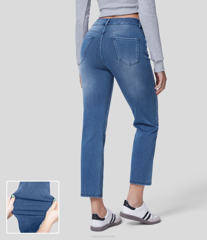 ropa denim lavado azul lago BBV2NZ412 mujer Halara Vaqueros mágicos de trabajo de punto elástico lavados con varios bolsillos y talle medio, pernera recta