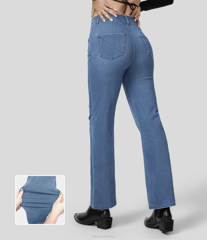 ropa denim lavado azul lago BBV2NZ428 mujer Halara Vaqueros mágicos de talle medio con múltiples bolsillos, lavados y con corte tipo bota de punto elástico para trabajo
