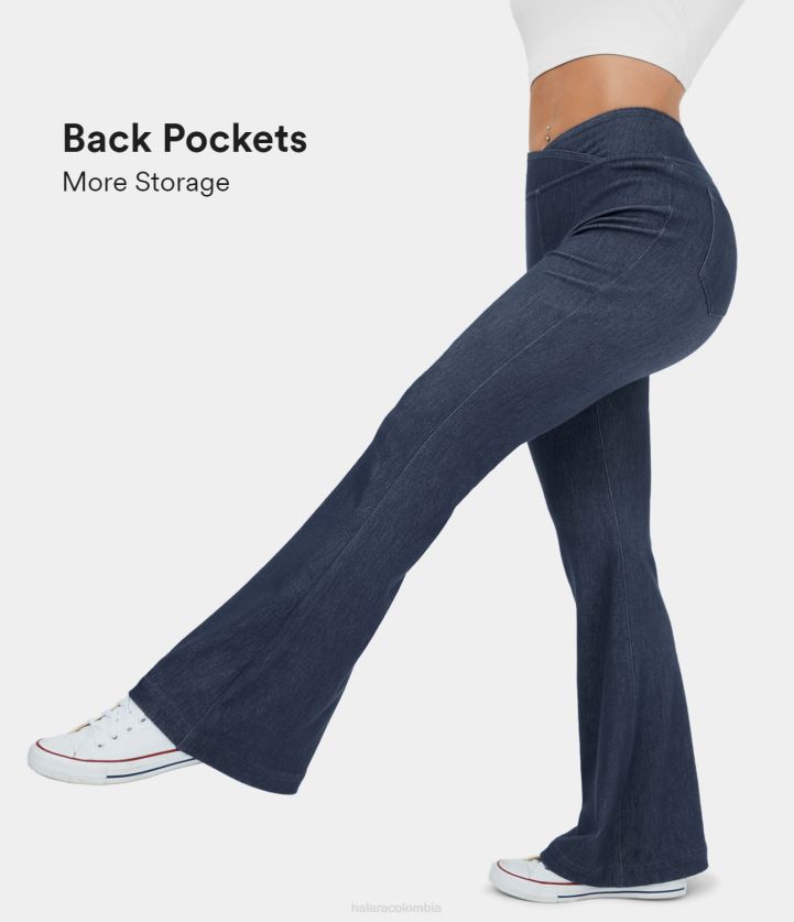 ropa denim lavado azul oscuro BBV2NZ1335 mujer Halara Vaqueros acampanados informales de punto elástico con bolsillo trasero cruzado y cintura alta mágicos