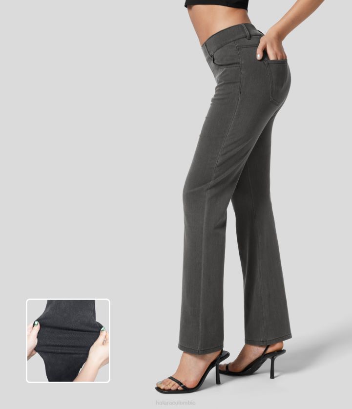 ropa denim lavado gris claro BBV2NZ331 mujer Halara Vaqueros mágicos de talle medio con múltiples bolsillos, lavados y con corte tipo bota de punto elástico para trabajo