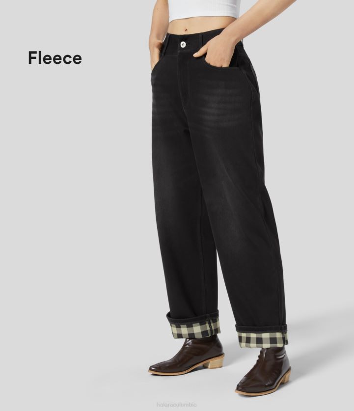 ropa denim lavado negro BBV2NZ1313 mujer Halara Vaqueros mágicos de cintura alta con cremallera y botones, múltiples bolsillos, pierna recta, forro polar a cuadros, tejido elástico, informales, estilo