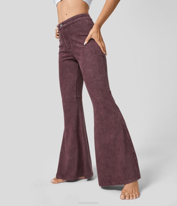 ropa denim lavado vino windsor BBV2NZ312 mujer Halara Vaqueros súper acampanados informales de punto elástico lavados con bolsillo trasero y talle alto mágicos