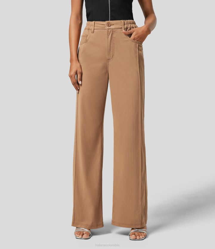 ropa denim pastel naranja BBV2NZ1346 mujer Halara Vaqueros casuales de punto elásticos coloridos con pernera ancha y múltiples bolsillos con cremallera y botones mágicos de talle medio