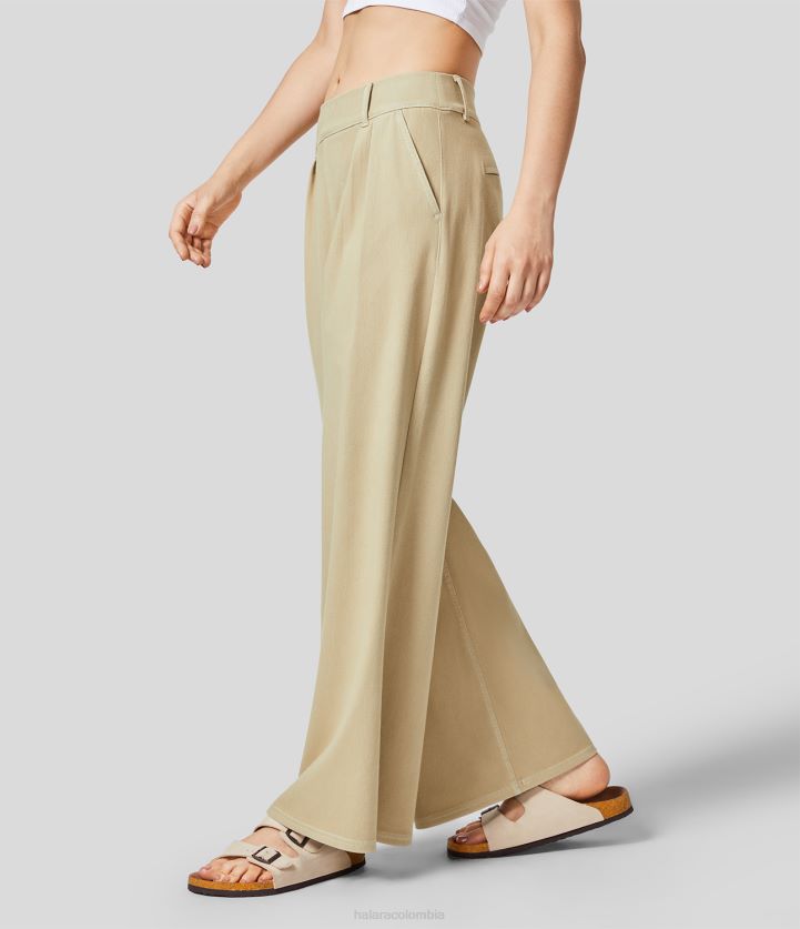 ropa denim verde bambú jade BBV2NZ1341 mujer Halara Vaqueros de pernera ancha informales de punto elástico coloridos con bolsillo lateral y talle medio mágicos