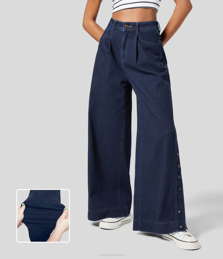 ropa mezclilla azul agua profunda BBV2NZ1340 mujer Halara Vaqueros mágicos de cintura alta con botones y cremallera, múltiples bolsillos plicados, tejido elástico dividido, pierna ancha informal, long