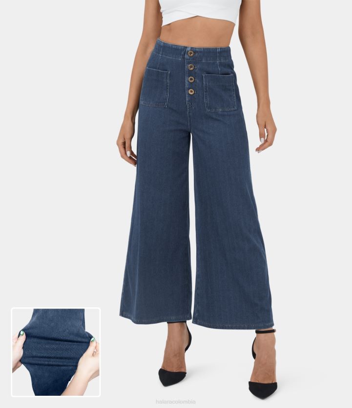 ropa mezclilla azul albaricoque BBV2NZ1318 mujer Halara Vaqueros mágicos de cintura alta con bolsillos y botones, vaqueros de pernera ancha informales de punto elástico lavados