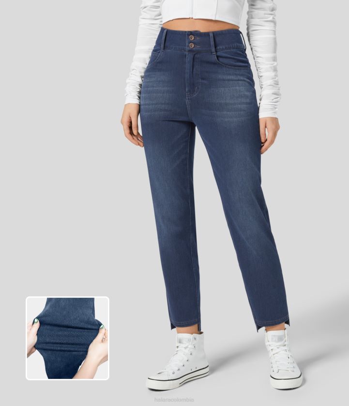 ropa mezclilla azul azabache BBV2NZ1330 mujer Halara Vaqueros informales de punto elásticos lavados con pierna recta y múltiples bolsillos con cremallera y botones mágicos de cintura alta