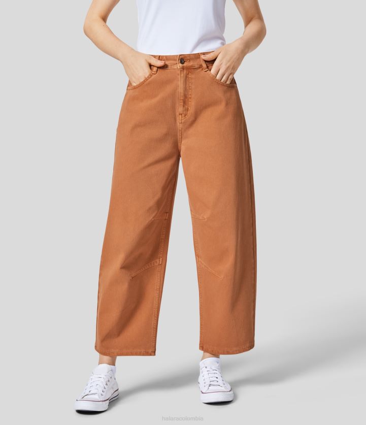 ropa mezclilla carmesí BBV2NZ1366 mujer Halara Vaqueros mágicos de talle medio con cremallera y botones, múltiples bolsillos, pantalones vaqueros cónicos informales de punto elástico coloridos