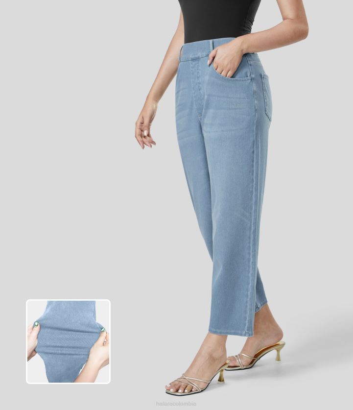 ropa mezclilla descolorida BBV2NZ424 mujer Halara Vaqueros mom de trabajo de punto elástico con múltiples bolsillos y talle medio hasta los tobillos