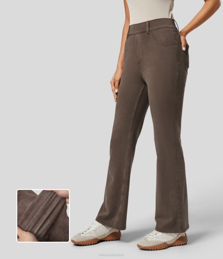 ropa mezclilla marrón BBV2NZ1406 mujer Halara Vaqueros mágicos de talle alto con múltiples bolsillos, lavados, coloridos, elásticos, informales, con corte tipo bota