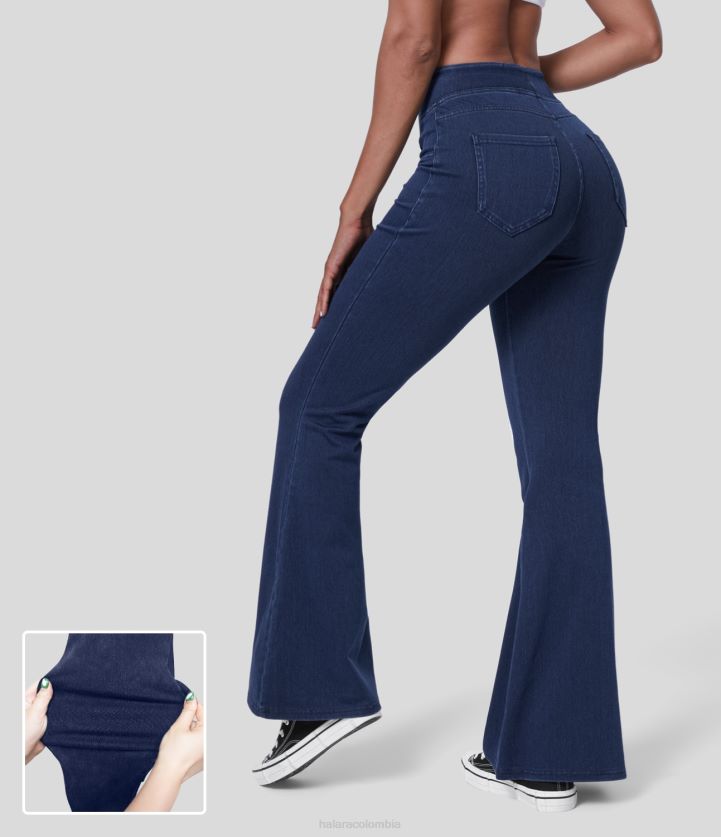 ropa mezclilla índigo BBV2NZ321 mujer Halara Vaqueros acampanados de punto elástico con bolsillo lateral trasero y cintura alta mágicos