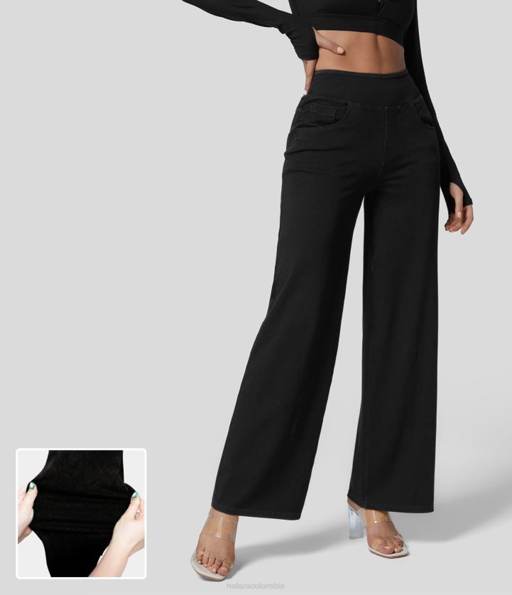 ropa mezclilla negra BBV2NZ396 mujer Halara Vaqueros mágicos de trabajo de punto elástico, cintura alta, múltiples bolsillos, pierna recta