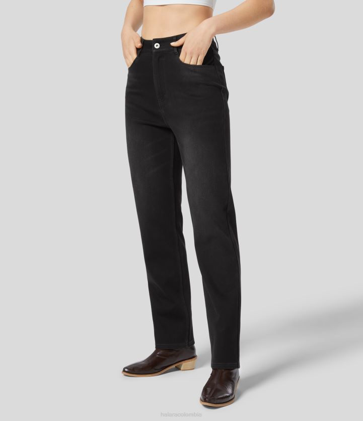 ropa mezclilla negro BBV2NZ1400 mujer Halara Vaqueros casuales de punto elásticos de lana a cuadros con pierna recta y múltiples bolsillos con cremallera y botones mágicos de cintura alta