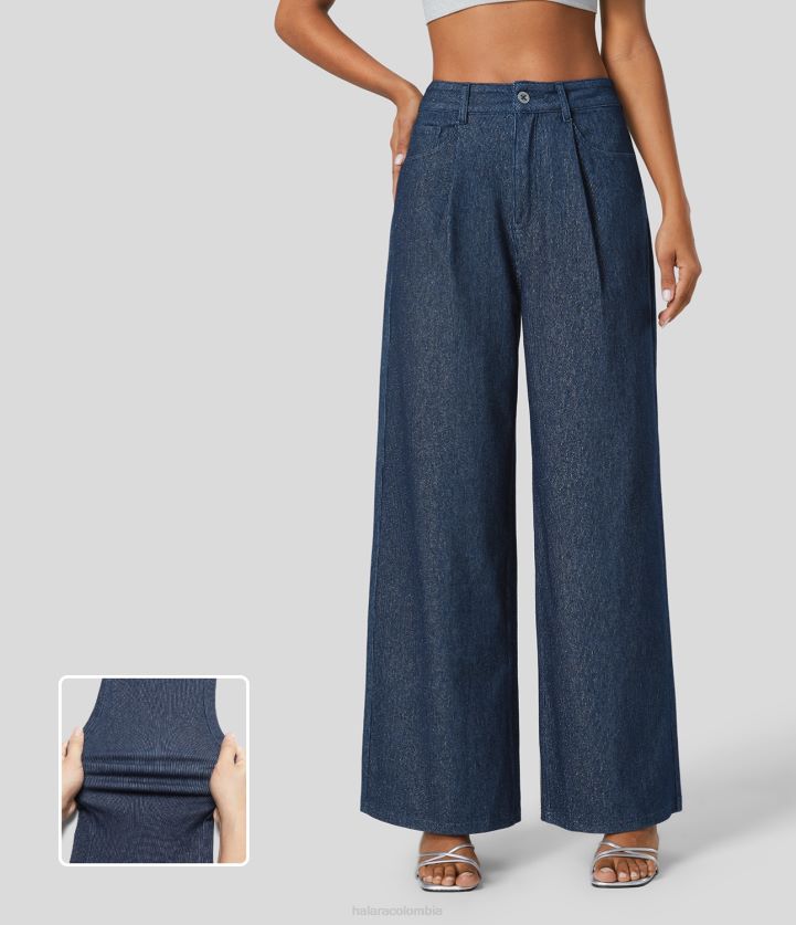 ropa mezclilla plateada azul oscuro BBV2NZ1378 mujer Halara Vaqueros mágicos de cintura alta con múltiples bolsillos y brillo plateado, vaqueros de pierna ancha informales de punto elásticos