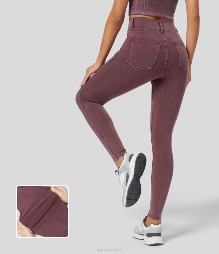 ropa mezclilla rojo oscuro BBV2NZ1347 mujer Halara Vaqueros informales de punto elásticos, coloridos, lavados, ajustados, con múltiples bolsillos, mágicos, de talle alto