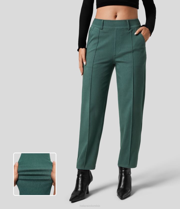 ropa mezclilla verde selva BBV2NZ1376 mujer Halara Vaqueros tapered informales de punto elástico coloridos con bolsillo lateral y cintura alta mágicos