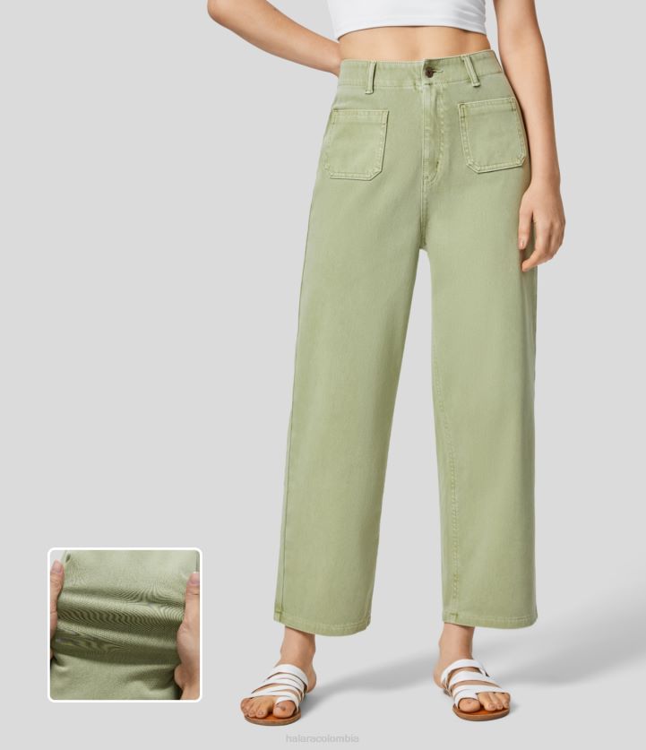 ropa mezclilla verde zafiro BBV2NZ1407 mujer Halara Vaqueros boyfriend informales de punto elástico coloridos con pierna recta y bolsillo lateral delantero con cremallera y botones mágicos de cintura